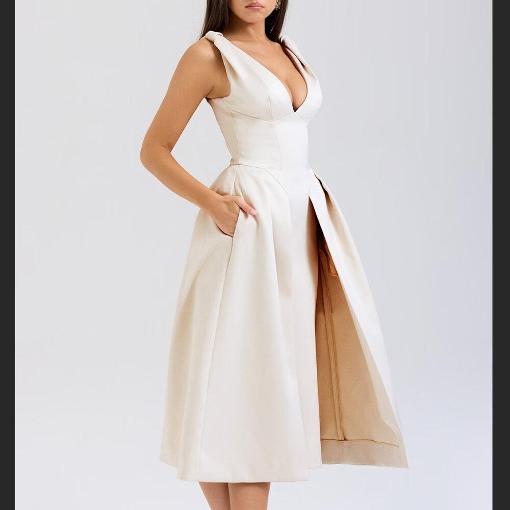 NWT HOUSE OF CB Paloma vintage cream satin pleated midi dress - Picture 5 of 15